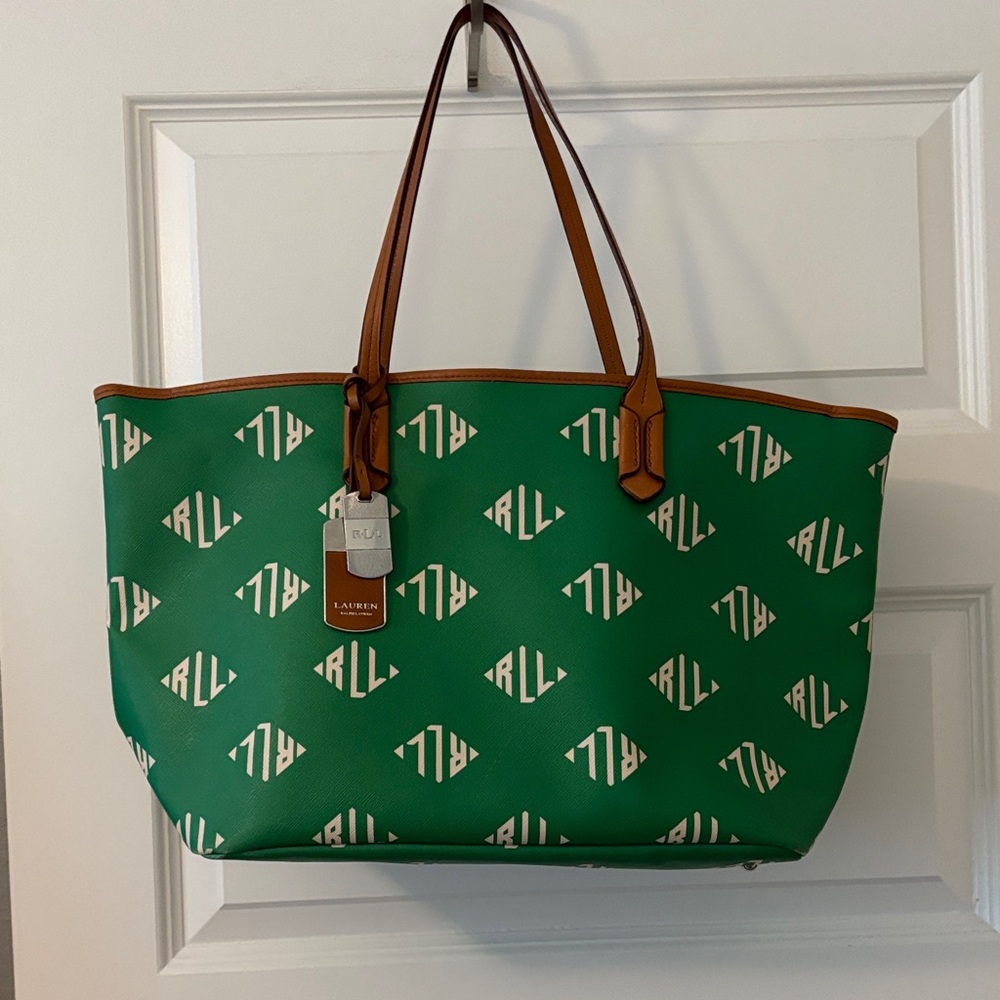 VTG Lauren by Ralph Lauren Caldwell Shopper in Lawn Green large logo tote bag - Picture 1 of 15